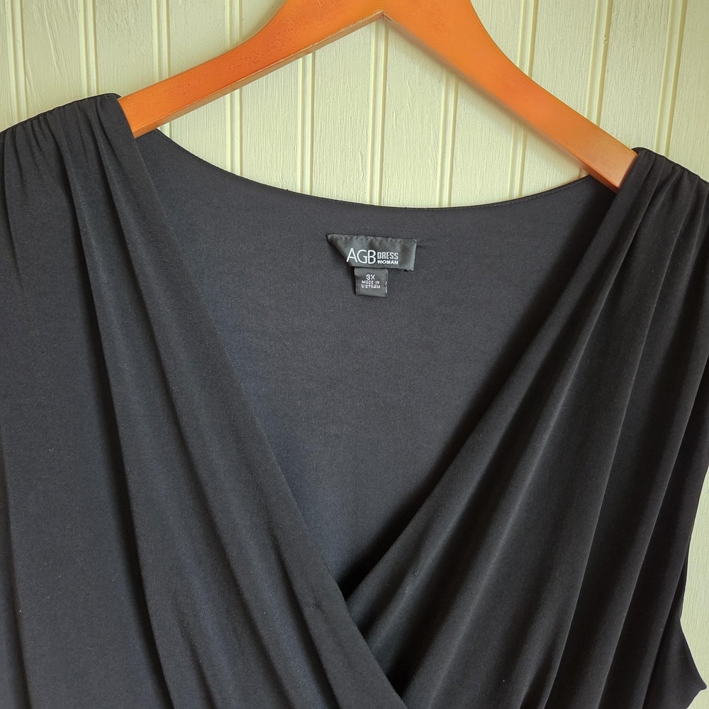 AGB Dress Womens 3X Black‎ Solid Short Sleeve V Neck Wrap Knee Length Jersey